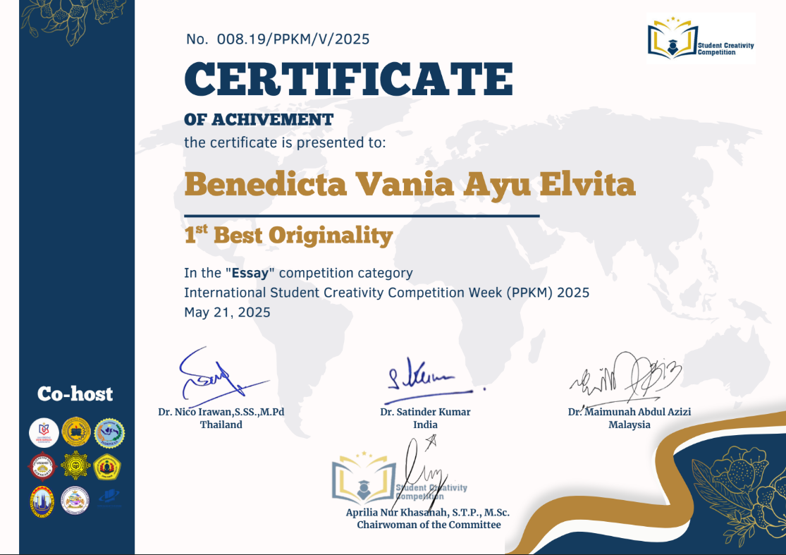 Juara 1 Essay Competition dalam International Student Creativity Competition Week (PPKM) 2025